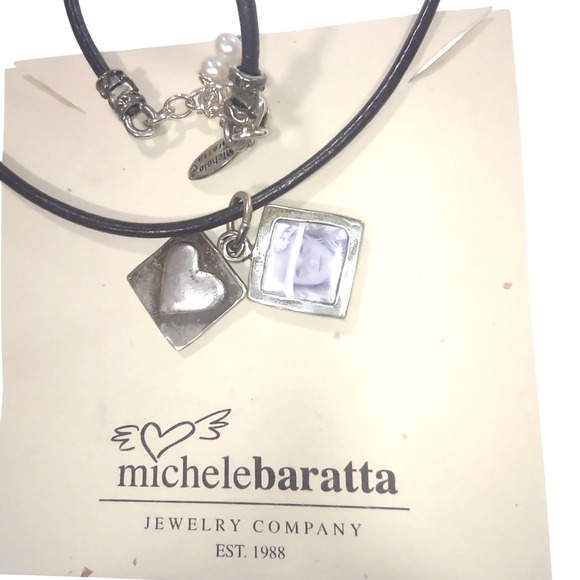 Michele Baratta Sterling Silver Photo Locket Heart Charm Black Leather Necklace - Picture 1 of 5